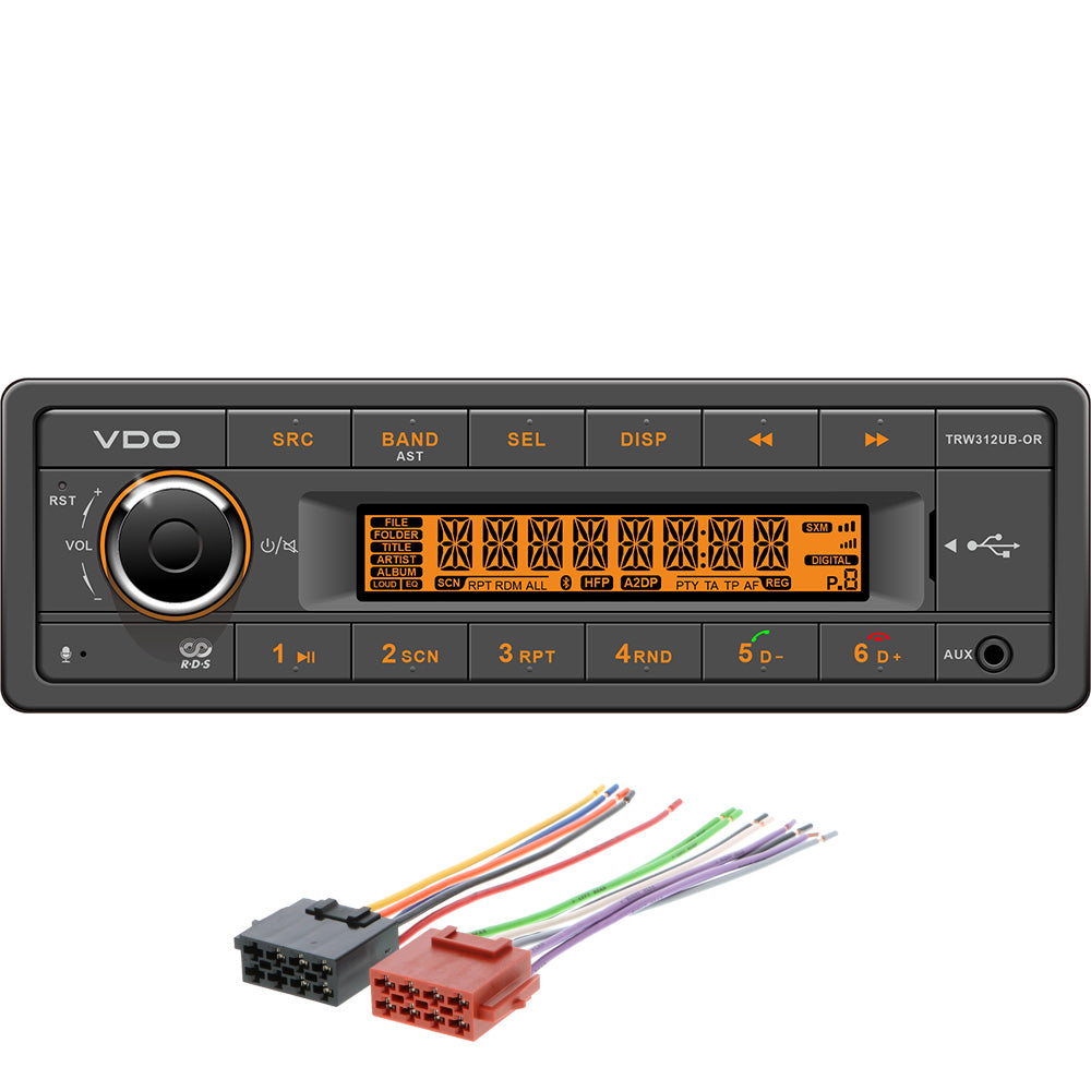 VDO 12V Radio wFM RDS Tuner MP3WMAUSBBluetooth  Orange Illumination  Includes Power Speaker Wire Harness TRW312UBORK
